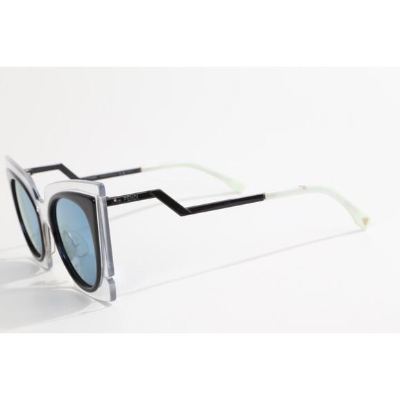 Fendi Cat Eye Sunglasses Blue Tint Lenses Black & Clear Frame Zigzag Arms F 0117